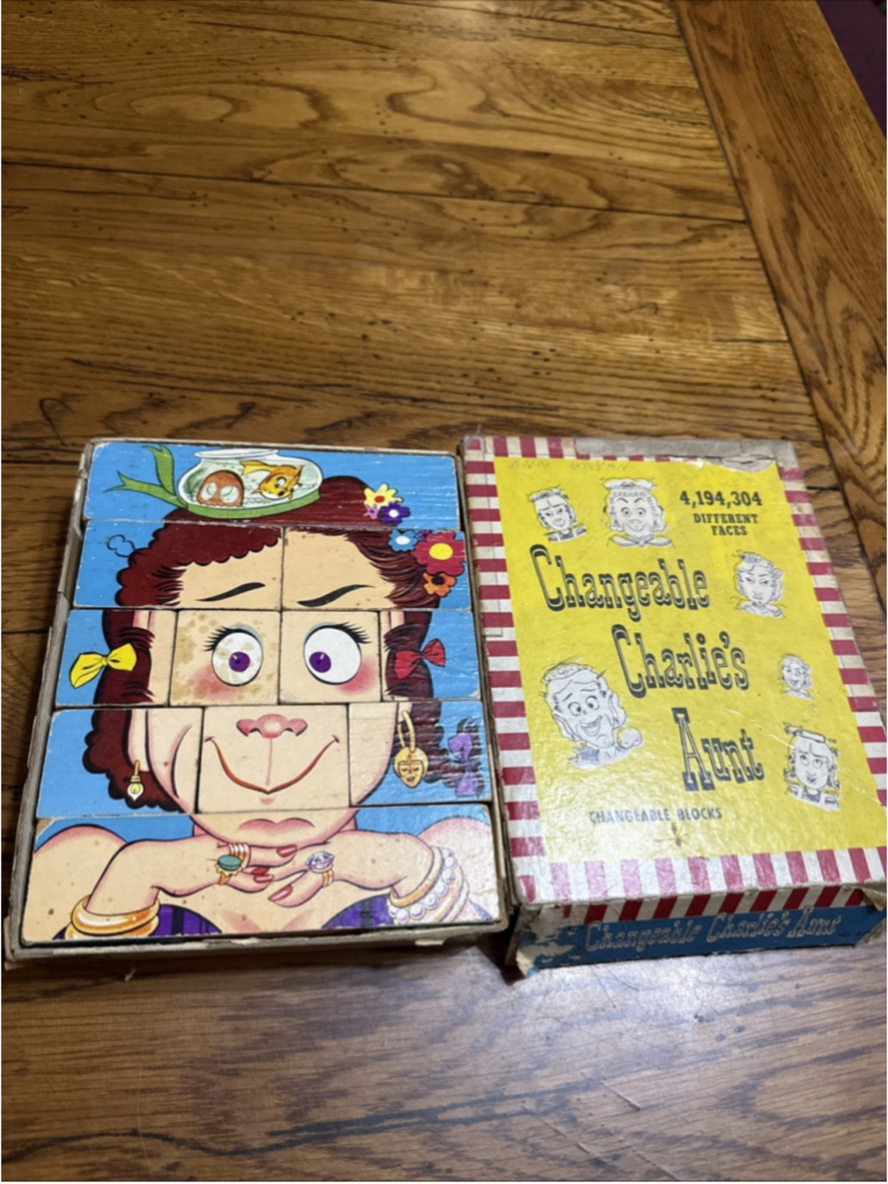 Vintage Changeable Charlie’s Aunt wooden block puzzle set, 1952